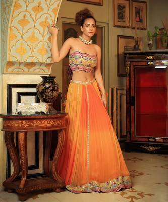 Dilruba Bejewelled Gotapatti Bandeau Blouse And Sunset Ombre Lehenga And Scalloped Shrug Set 2