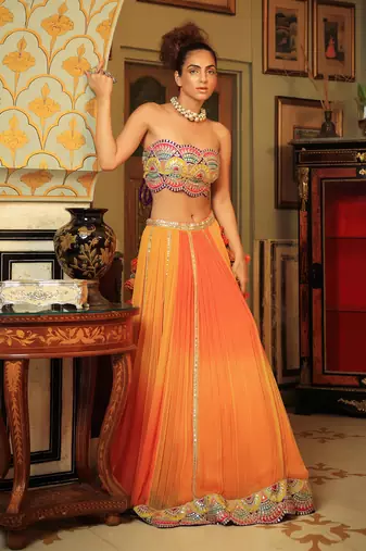 Dilruba Bejewelled Gotapatti Bandeau Blouse And Sunset Ombre Lehenga And Scalloped Shrug Set