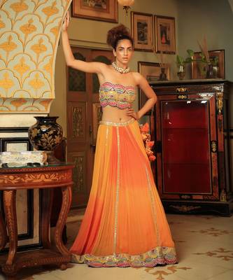 Dilruba Bejewelled Gotapatti Bandeau Blouse And Sunset Ombre Lehenga And Scalloped Shrug Set 3