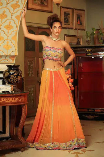 Dilruba Bejewelled Gotapatti Bandeau Blouse And Sunset Ombre Lehenga And Scalloped Shrug Set