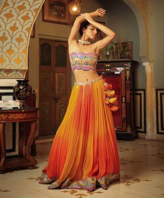 Dilruba Bejewelled Gotapatti Bandeau Blouse And Sunset Ombre Lehenga And Scalloped Shrug Set 4