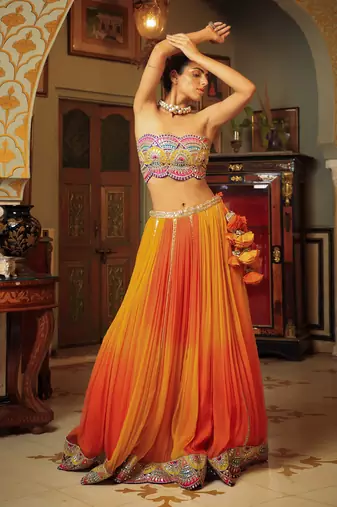 Dilruba Bejewelled Gotapatti Bandeau Blouse And Sunset Ombre Lehenga And Scalloped Shrug Set