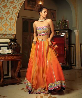 Dilruba Bejewelled Gotapatti Bandeau Blouse And Sunset Ombre Lehenga And Scalloped Shrug Set 5