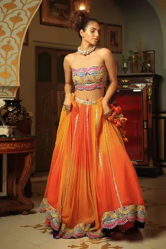 Dilruba Bejewelled Gotapatti Bandeau Blouse And Sunset Ombre Lehenga And Scalloped Shrug Set