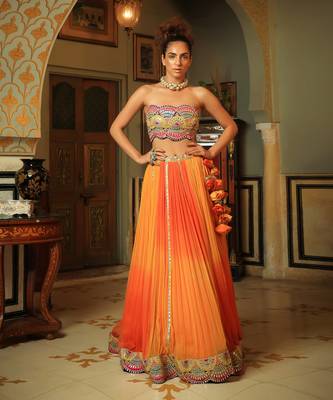 Dilruba Bejewelled Gotapatti Bandeau Blouse And Sunset Ombre Lehenga And Scalloped Shrug Set 6