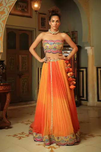 Dilruba Bejewelled Gotapatti Bandeau Blouse And Sunset Ombre Lehenga And Scalloped Shrug Set
