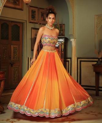 Dilruba Bejewelled Gotapatti Bandeau Blouse And Sunset Ombre Lehenga And Scalloped Shrug Set 7