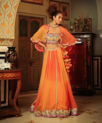 Dilruba Bejewelled Gotapatti Bandeau Blouse And Sunset Ombre Lehenga And Scalloped Shrug Set 1