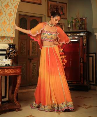 Dilruba Bejewelled Gotapatti Bandeau Blouse And Sunset Ombre Lehenga And Scalloped Shrug Set 8