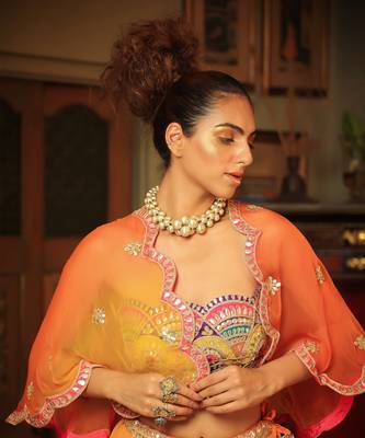 Dilruba Bejewelled Gotapatti Bandeau Blouse And Sunset Ombre Lehenga And Scalloped Shrug Set 9