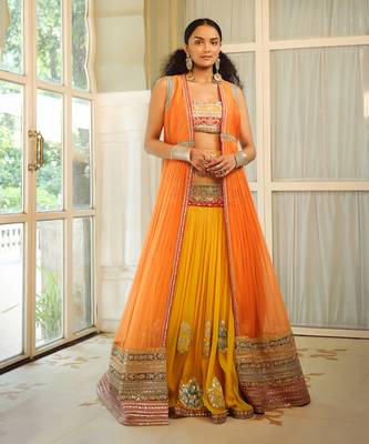Dilruba Narangi Longline Ruched Jacket With  Dilruba Haseen Lehenga And Rangeen Blouse Set 2