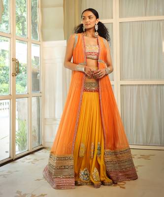Dilruba Narangi Longline Ruched Jacket With  Dilruba Haseen Lehenga And Rangeen Blouse Set 1