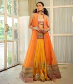 Dilruba Narangi Longline Ruched Jacket With  Dilruba Haseen Lehenga And Rangeen Blouse Set