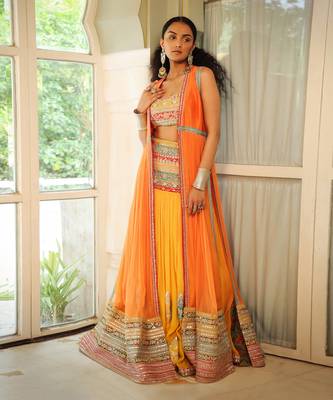 Dilruba Narangi Longline Ruched Jacket With  Dilruba Haseen Lehenga And Rangeen Blouse Set 3