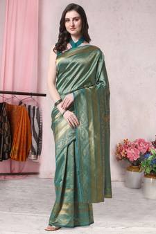 Teal woven banarasi saree with blouse