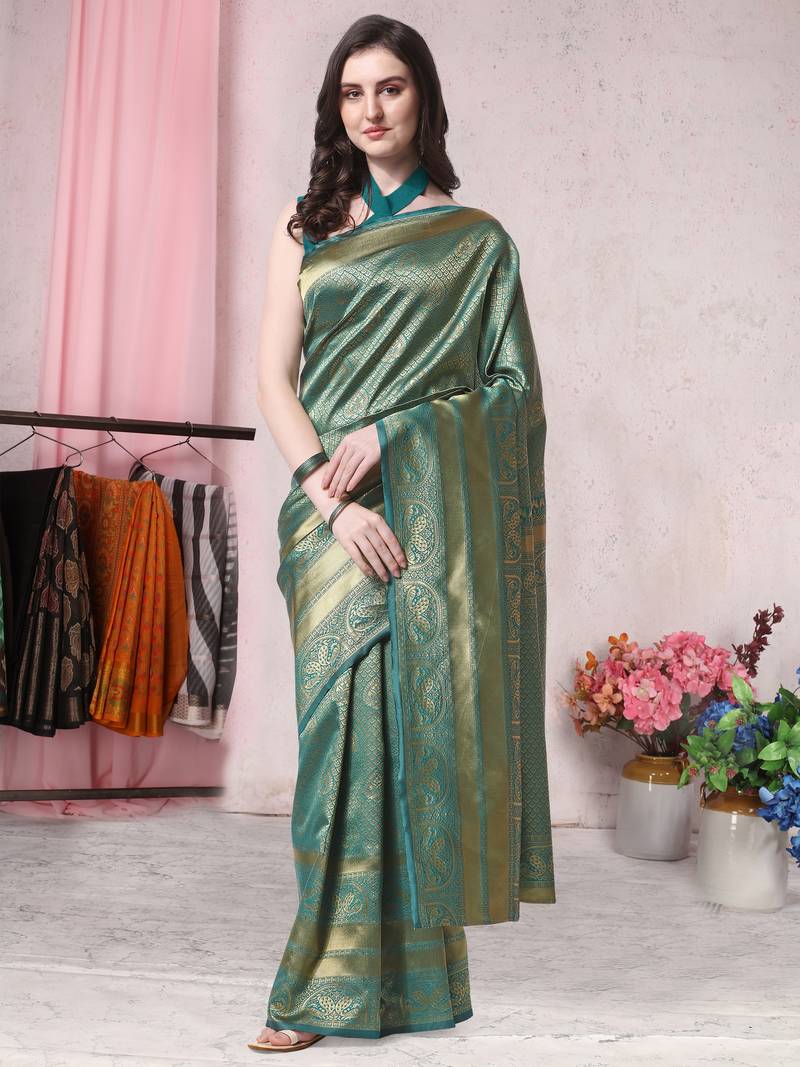 Teal woven banarasi saree with blouse