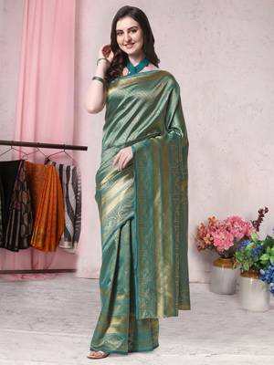 Teal woven banarasi saree with blouse 2
