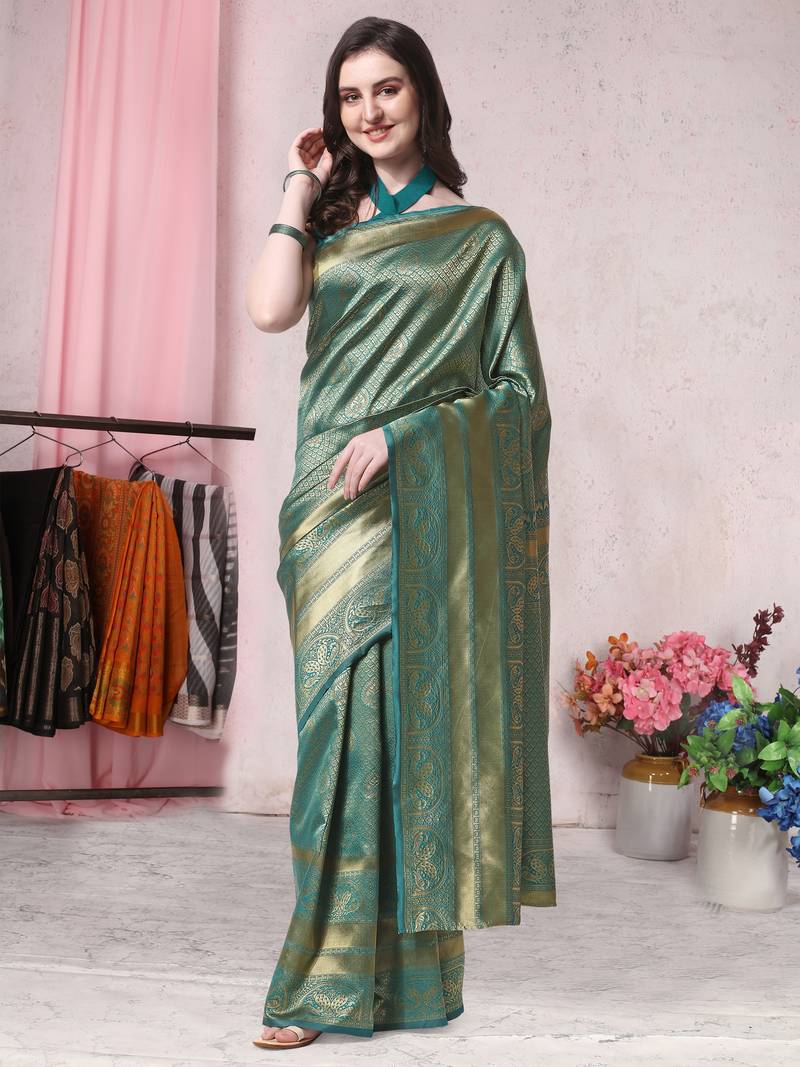 Teal woven banarasi saree with blouse