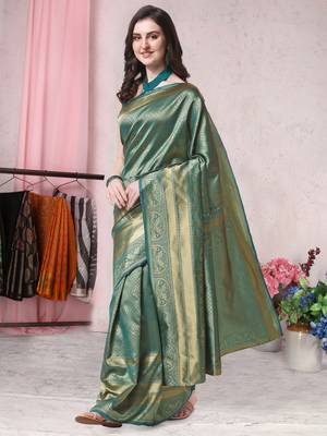 Teal woven banarasi saree with blouse 3