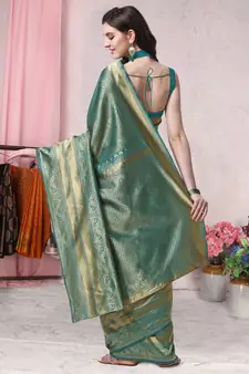 Teal woven banarasi saree with blouse