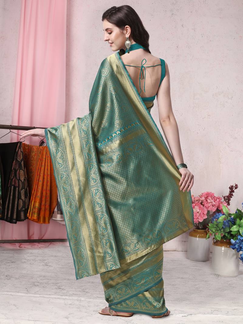Teal woven banarasi saree with blouse