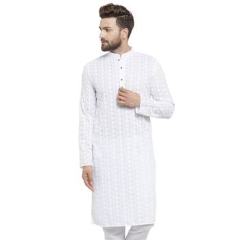 Men White Cotton Chikankari Lucknowi Jaal Embroidered Men-Kurtas 1