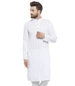 Men White Cotton Chikankari Lucknowi Jaal Embroidered Men-Kurtas