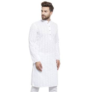 Men White Cotton Chikankari Lucknowi Jaal Embroidered Men-Kurtas 2