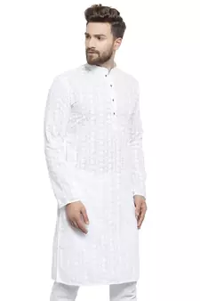 Men White Cotton Chikankari Lucknowi Jaal Embroidered Men-Kurtas