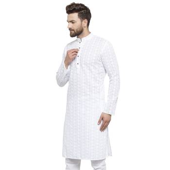 Men White Cotton Chikankari Lucknowi Jaal Embroidered Men-Kurtas 3