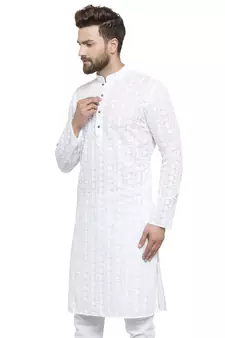 Men White Cotton Chikankari Lucknowi Jaal Embroidered Men-Kurtas