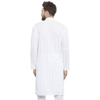 Men White Cotton Chikankari Lucknowi Jaal Embroidered Men-Kurtas 4