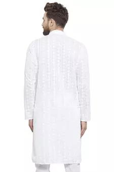 Men White Cotton Chikankari Lucknowi Jaal Embroidered Men-Kurtas