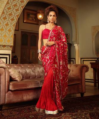 Dilruba Rose Red Sitara Saree With Crush Lehenga And Corset Blouse 1