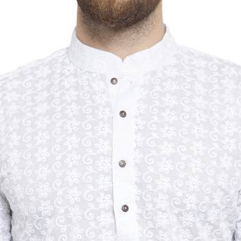 Men White Cotton Chikankari Lucknowi Jaal Embroidered Men-Kurtas 5