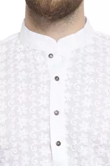 Men White Cotton Chikankari Lucknowi Jaal Embroidered Men-Kurtas