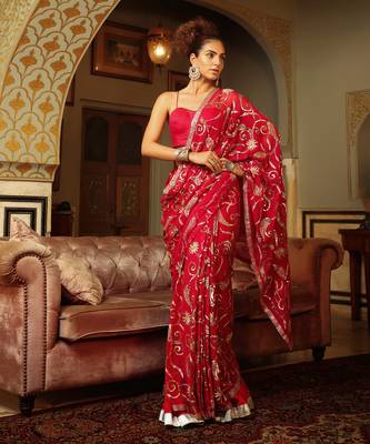 Dilruba Rose Red Sitara Saree With Crush Lehenga And Corset Blouse 2