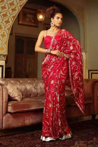 Dilruba Rose Red Sitara Saree With Crush Lehenga And Corset Blouse