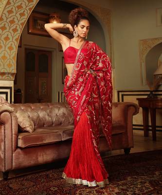 Dilruba Rose Red Sitara Saree With Crush Lehenga And Corset Blouse 3