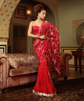 Dilruba Rose Red Sitara Saree With Crush Lehenga And Corset Blouse 4