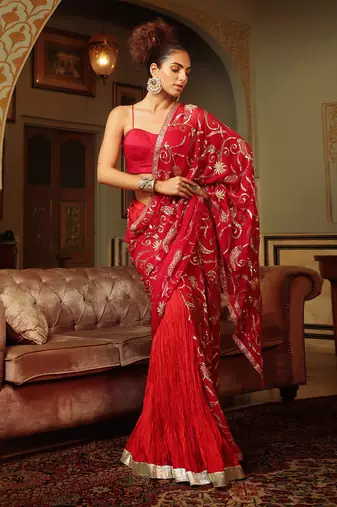 Dilruba Rose Red Sitara Saree With Crush Lehenga And Corset Blouse