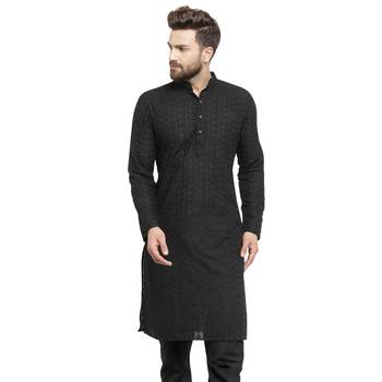 Black Cotton Chikankari Lucknowi Jaal Embroidered Men- Kurtas 1