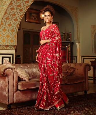 Dilruba Rose Red Sitara Saree With Crush Lehenga And Corset Blouse 5
