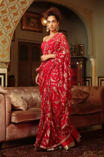 Dilruba Rose Red Sitara Saree With Crush Lehenga And Corset Blouse