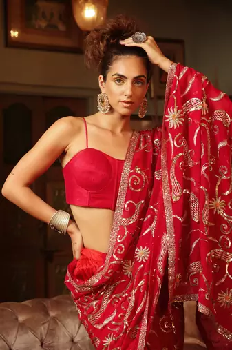 Dilruba Rose Red Sitara Saree With Crush Lehenga And Corset Blouse