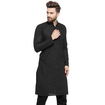 Black Cotton Chikankari Lucknowi Jaal Embroidered Men- Kurtas 2