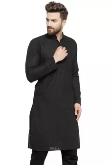 Black Cotton Chikankari Lucknowi Jaal Embroidered Men- Kurtas