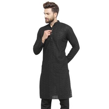 Black Cotton Chikankari Lucknowi Jaal Embroidered Men- Kurtas 3