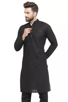Black Cotton Chikankari Lucknowi Jaal Embroidered Men- Kurtas