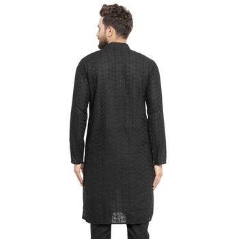 Black Cotton Chikankari Lucknowi Jaal Embroidered Men- Kurtas 4